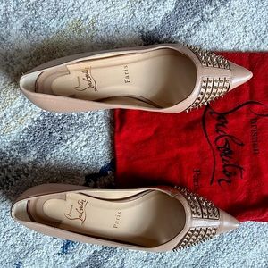 Christian Louboutin Authentic Leather Nude Flats with Golden Spikes